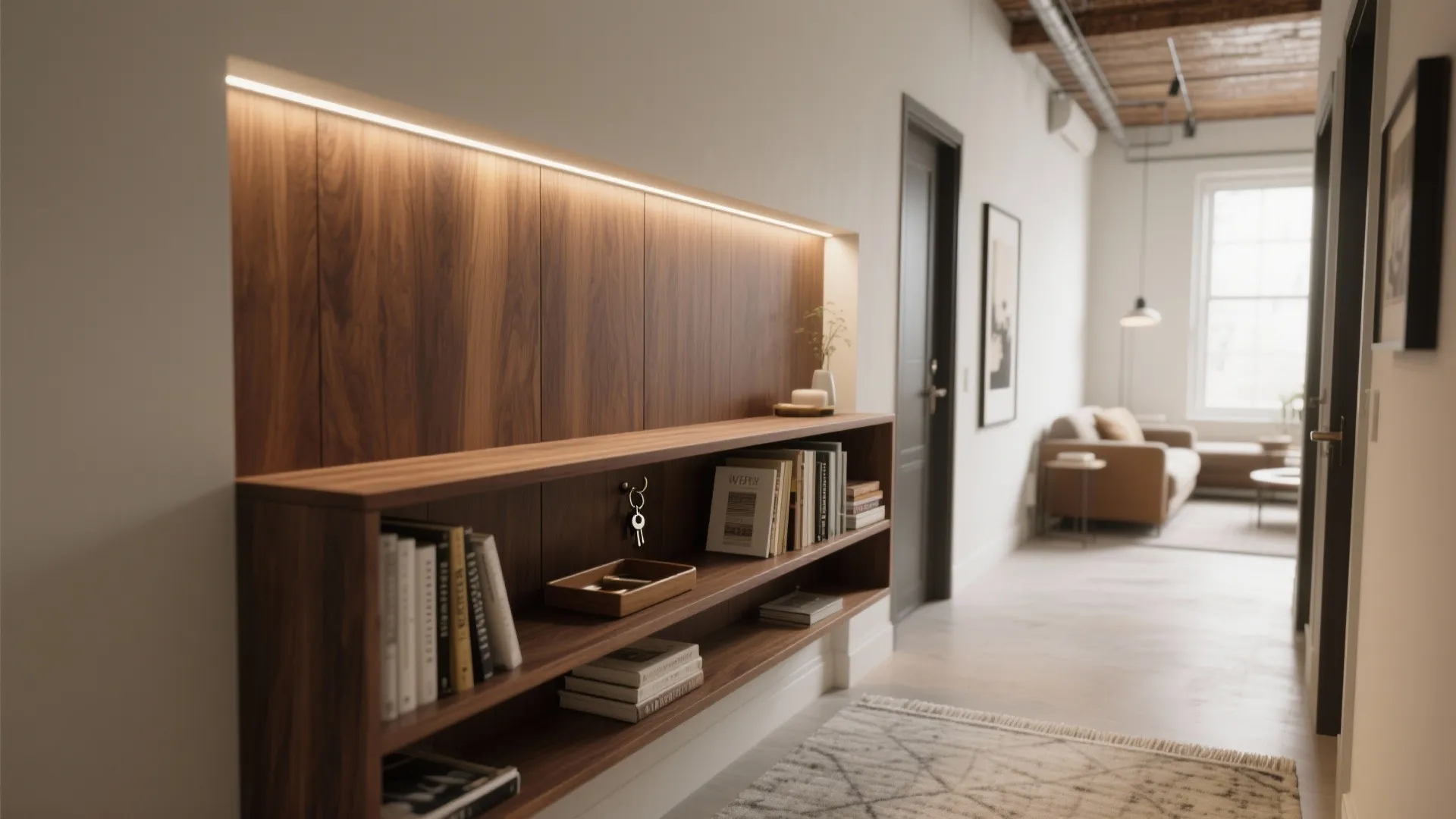 Half-height walnut partitions with display shelving