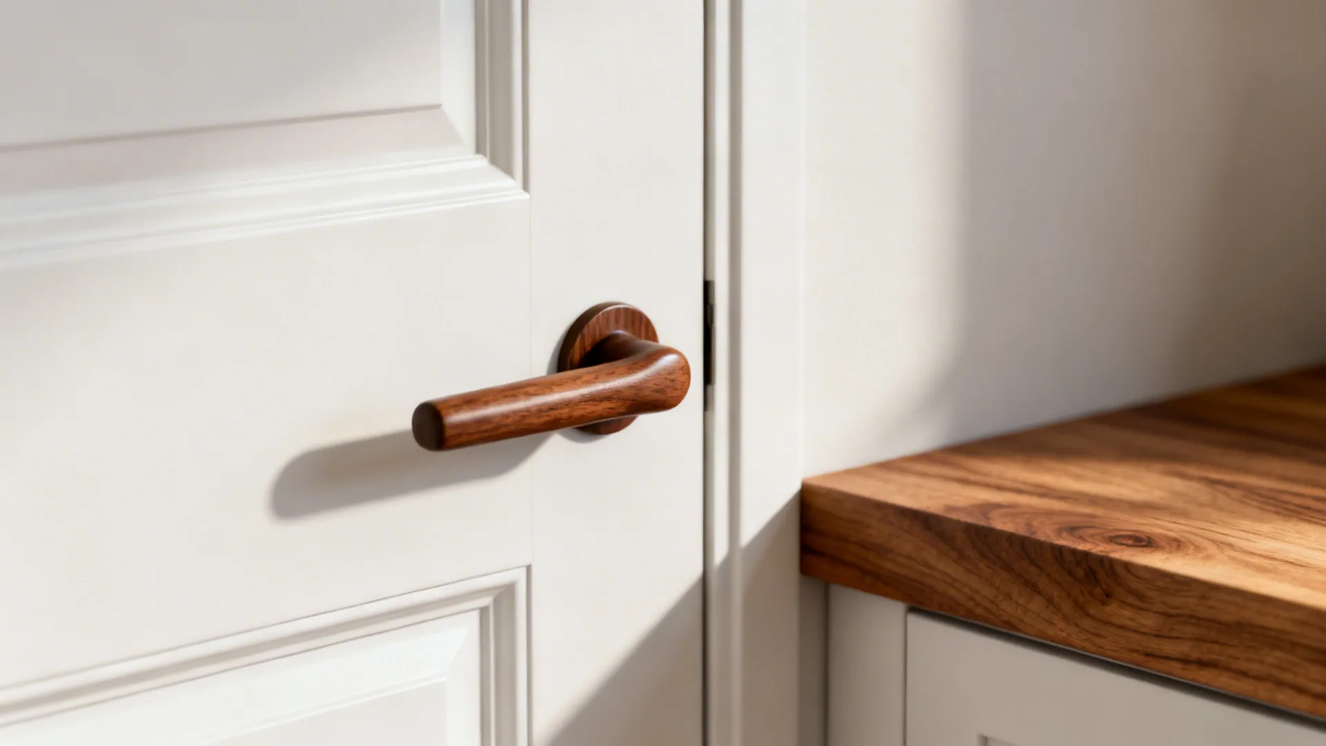 Macro of a walnut handle on a matte white cabinet beside a slim oak ledge.