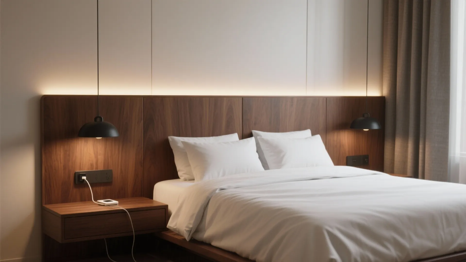 Warm Walnut Headboard Wall with Integrated Lighting