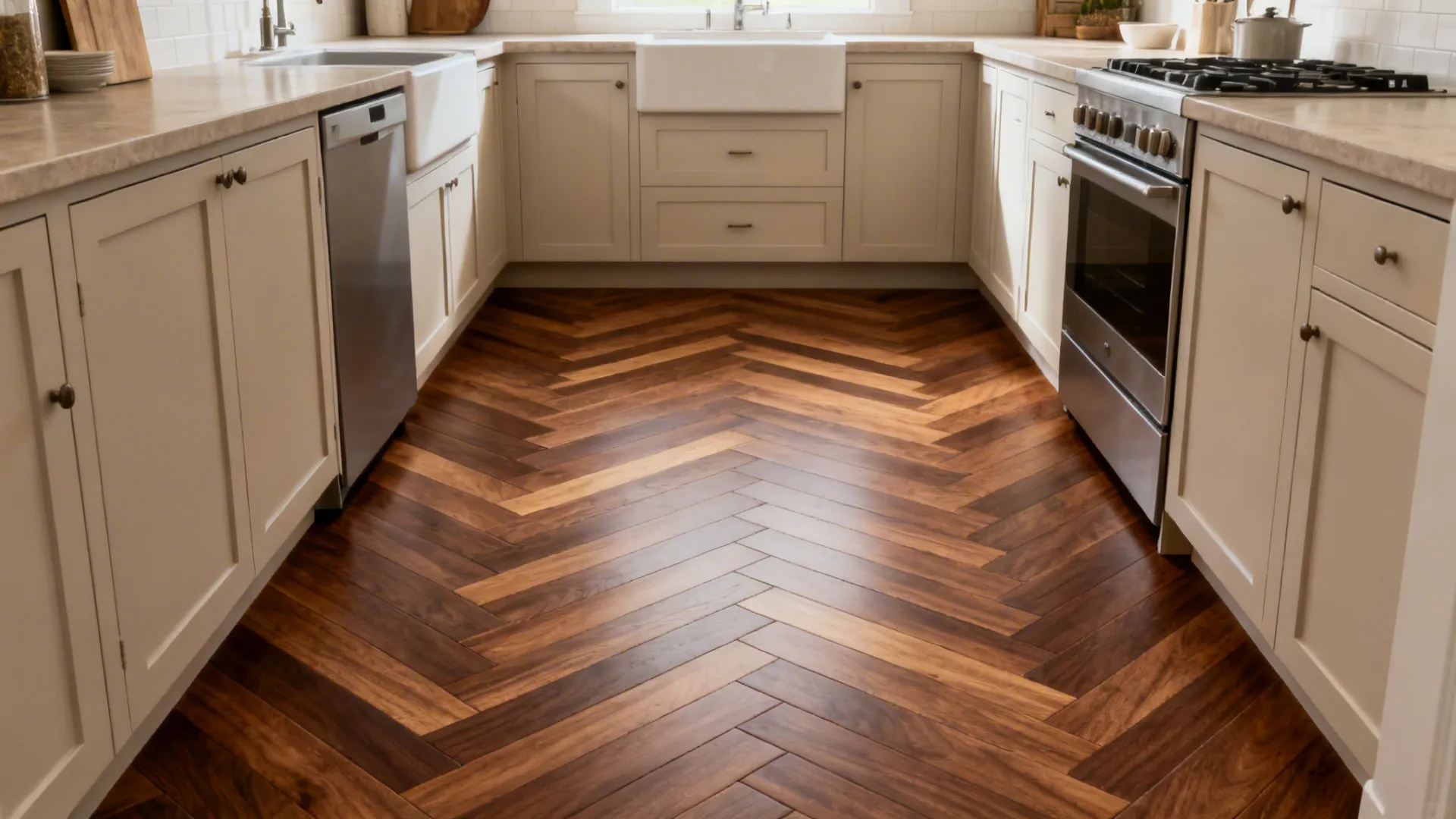 Small kitchen with walnut herringbone flooring that widens the space visually.