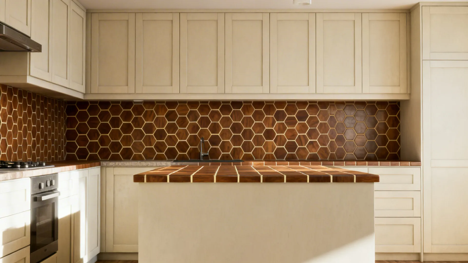 Walnut-brown hex tile backsplash and peninsula with cream grout in a bright small kitchen.