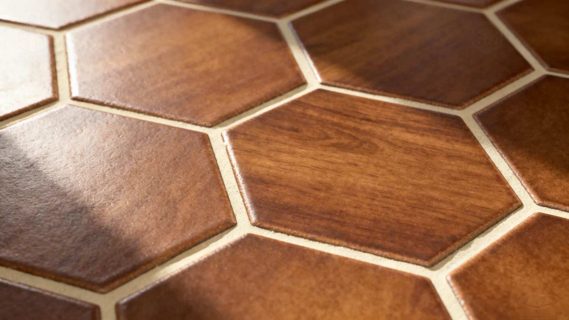 Macro of walnut-brown hex tiles with cream grout highlighting edges and texture.