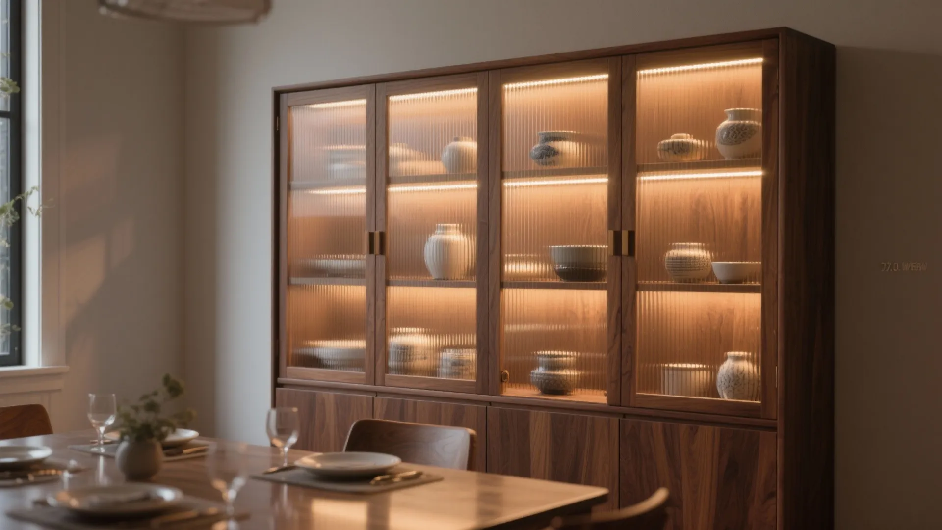 Walnut dining room cabinet with glass doors and internal lighting showing ceramic bowls and plates