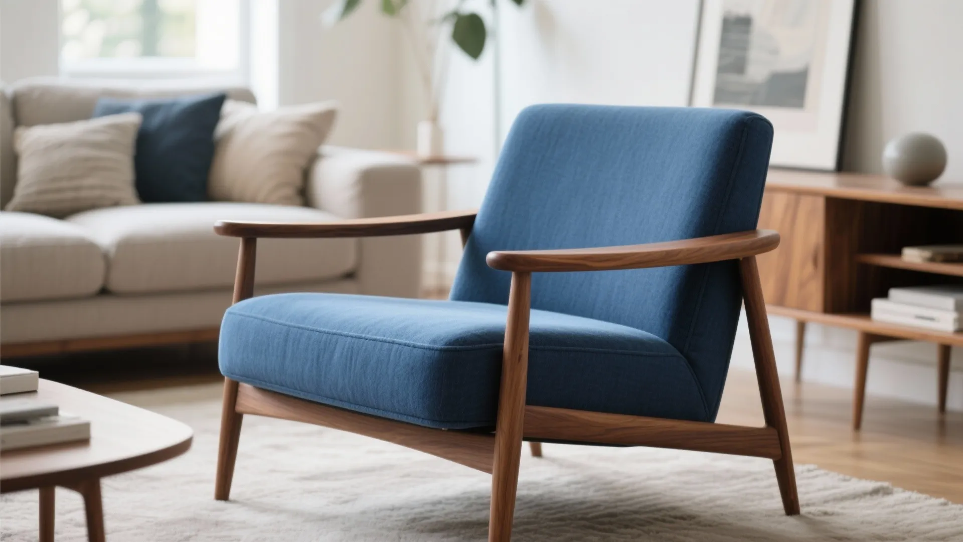 8. Balanced Brown Wood and Blue Upholstery