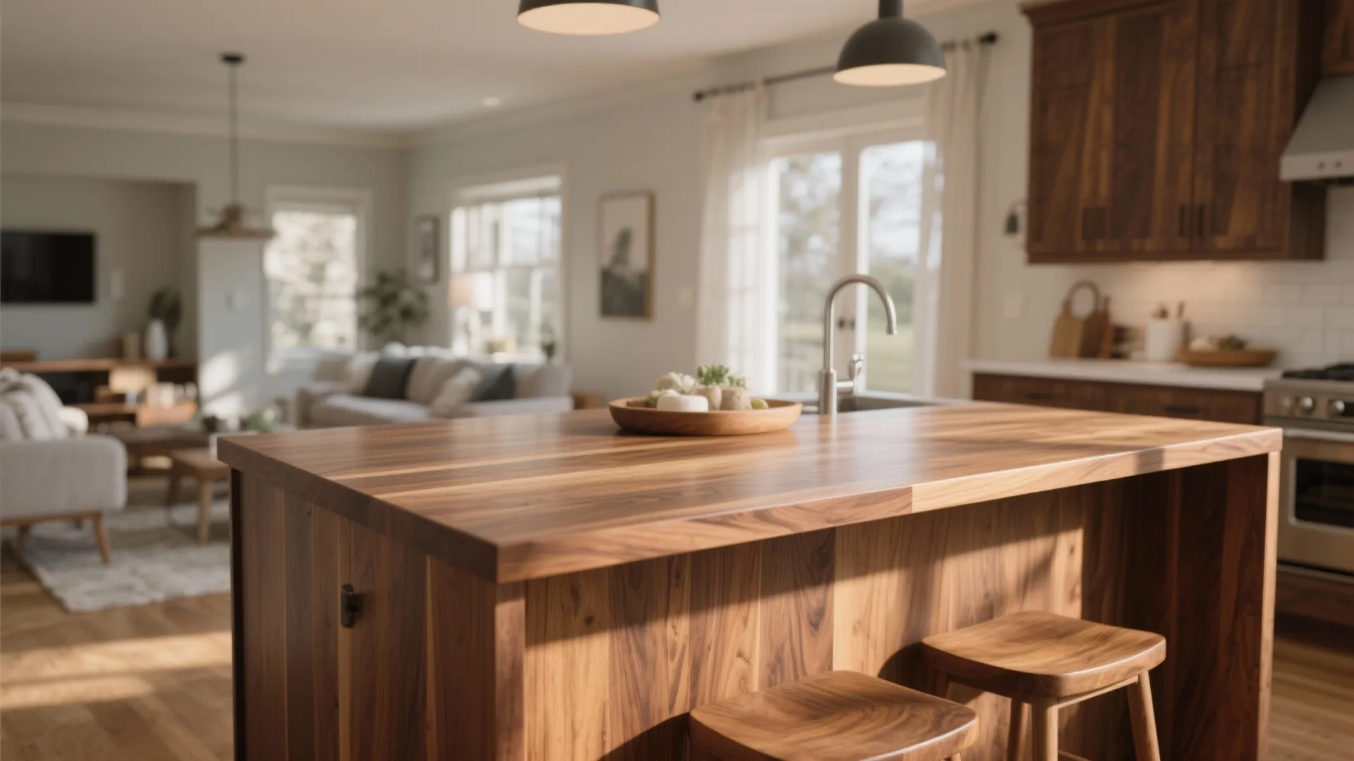 Close-up of warm walnut kitchen island in open space