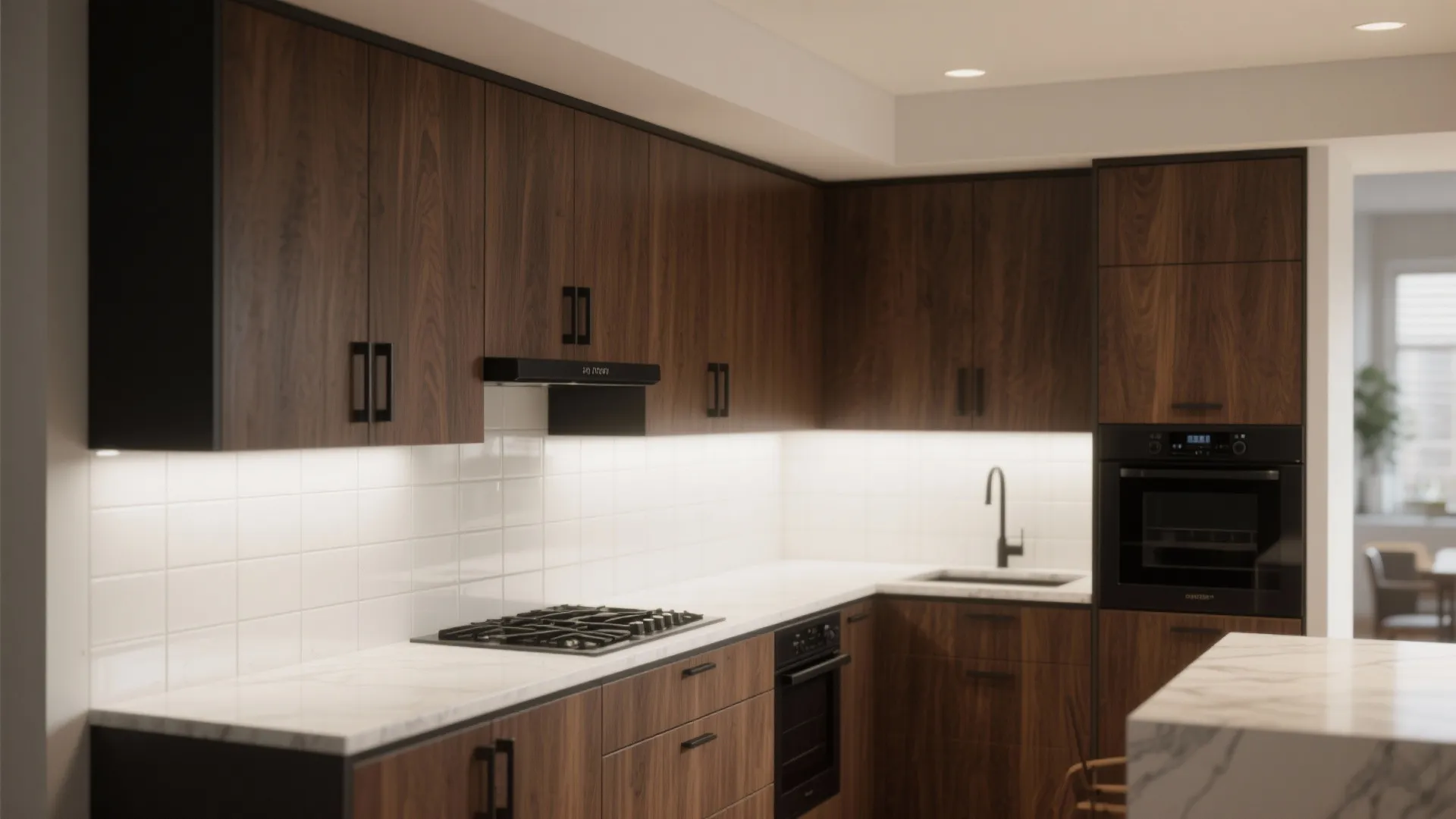 Modern kitchen with dark wood cabinets white marble countertop black stove and built in oven design