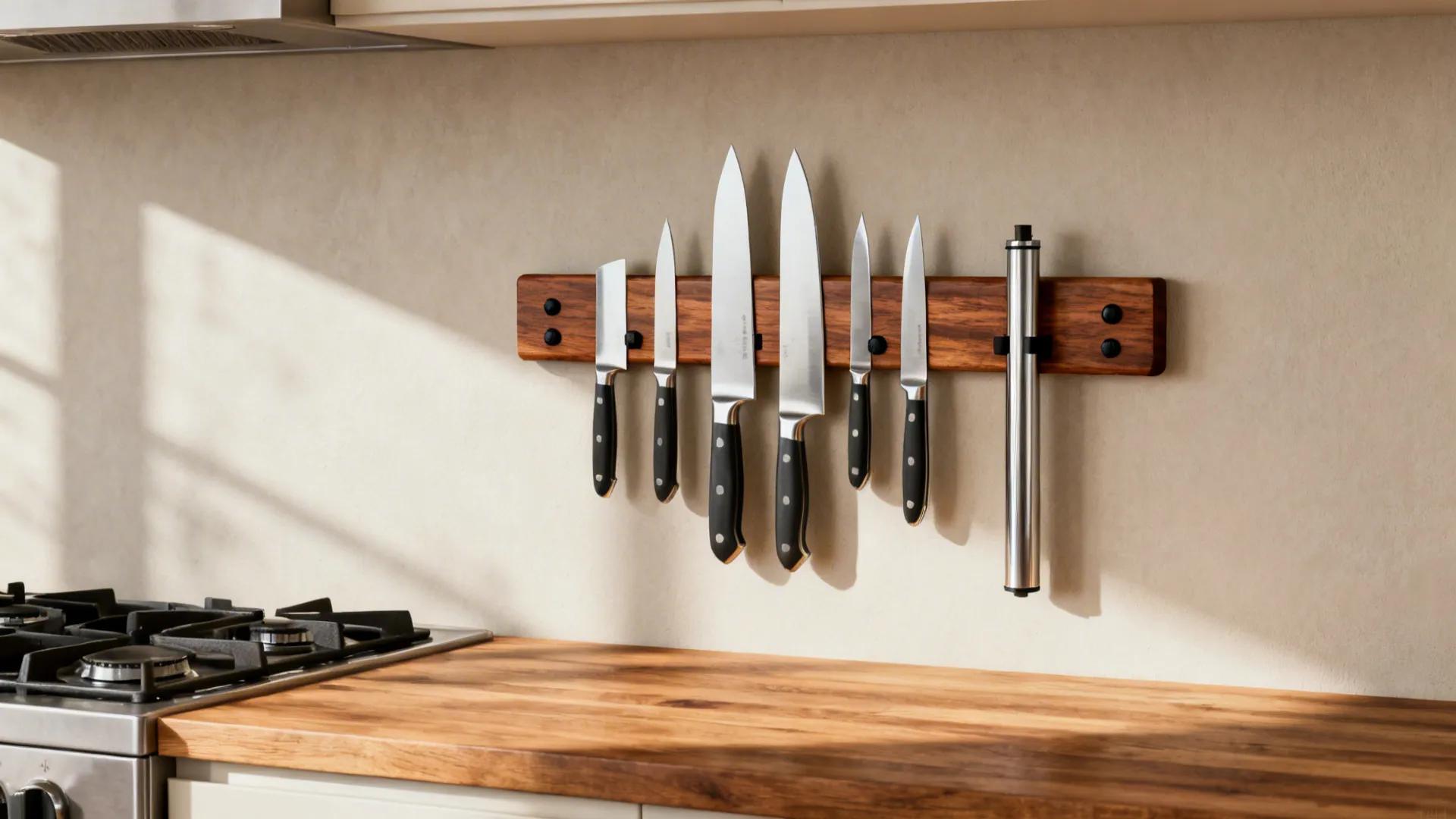 Walnut magnetic knife strip holding stainless knives on a light wall above a counter.
