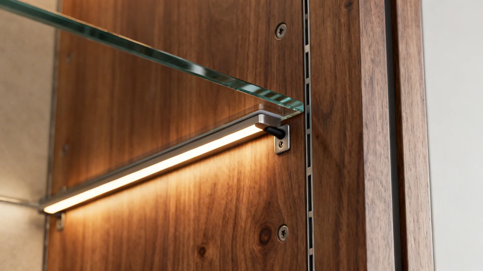 Close-up of walnut veneer and integrated LED strip on a TV wall panel with low-iron glass shelf.