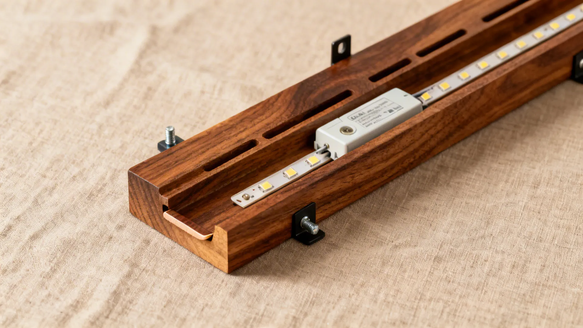 Warm wood ledges with integrated lighting