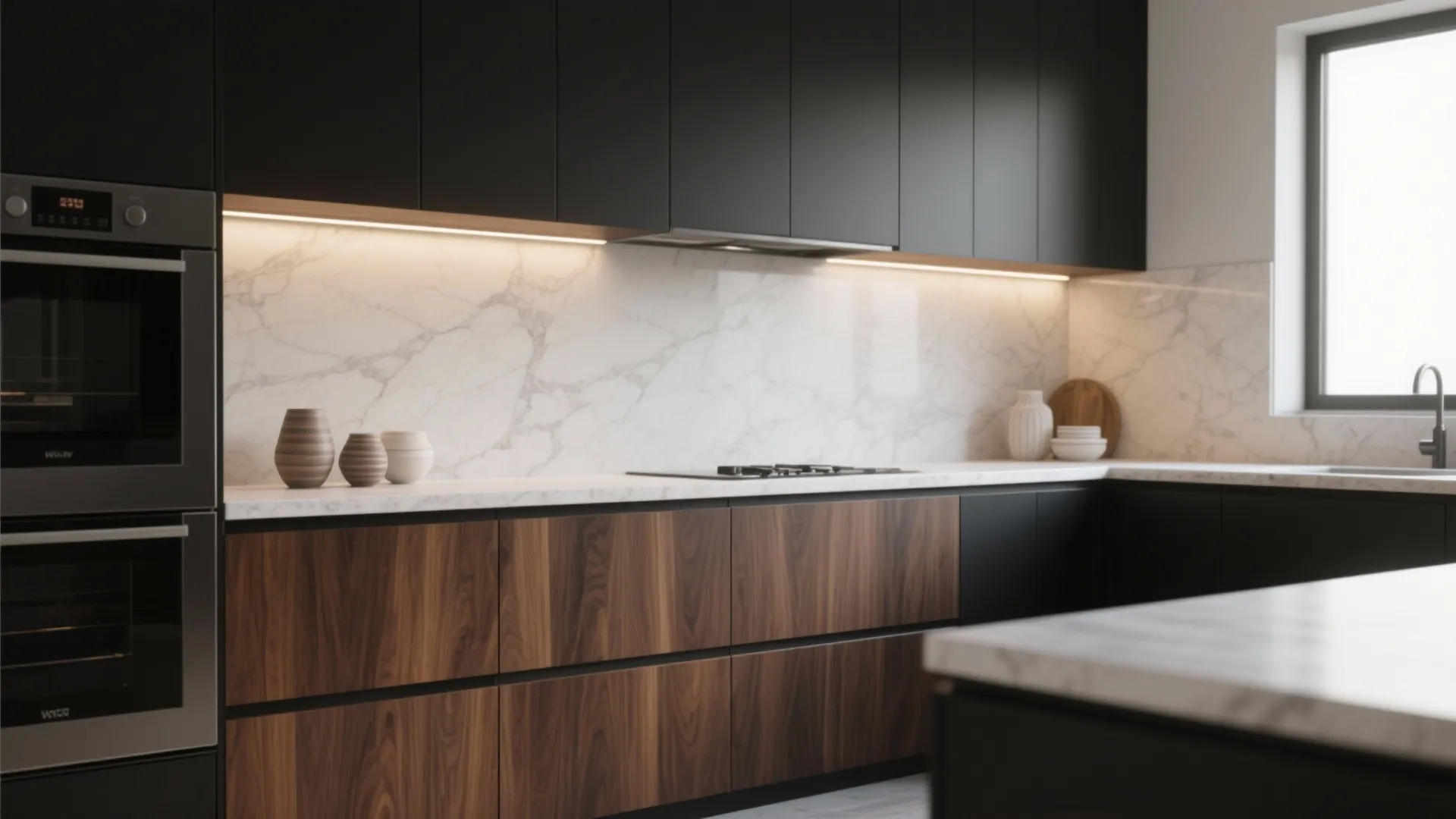 1. Warm Contrast: Walnut Cabinets with Light Countertops