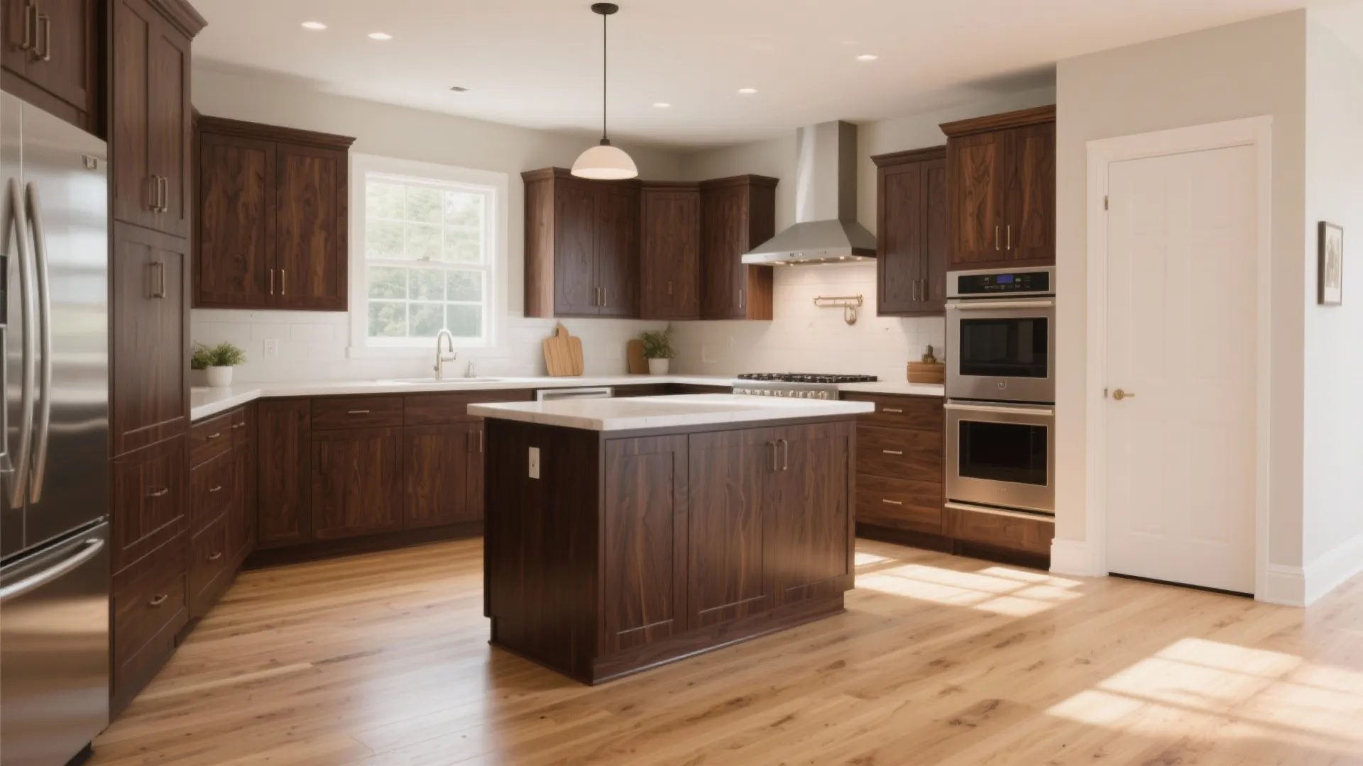 Spacious kitchen with dark wood cabinets white island light wood floors and stainless steel oven