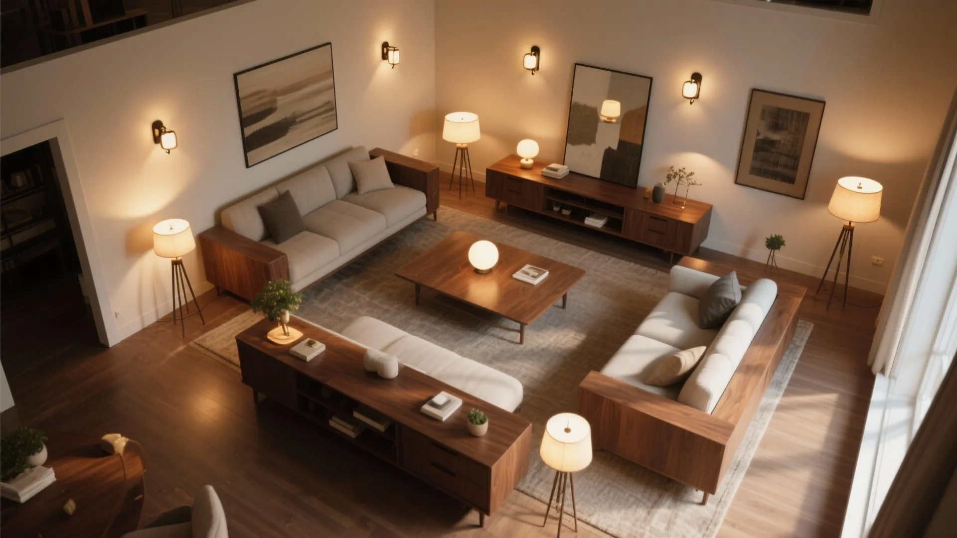 Top-down living room plan with walnut furniture and layered lighting