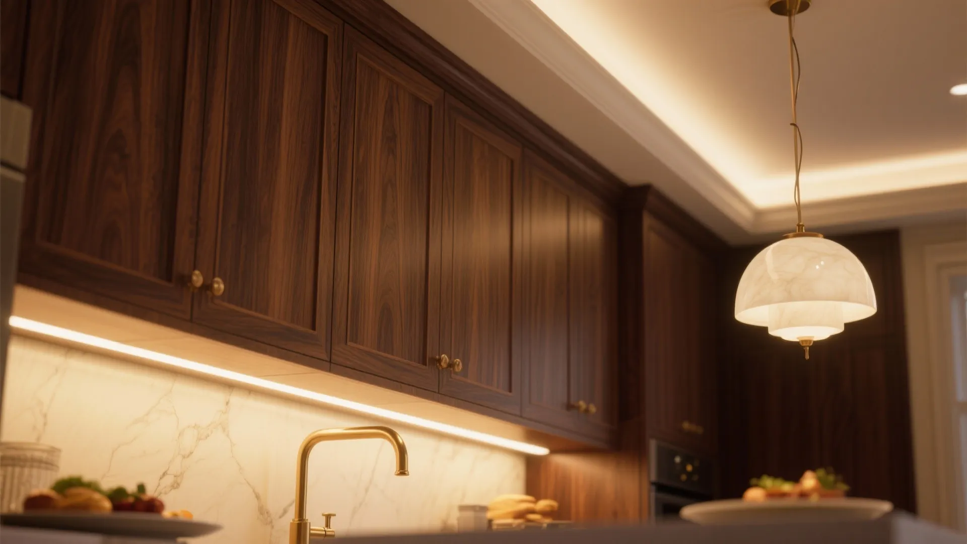 Walnut warmth and lighting layers for sunset glamour