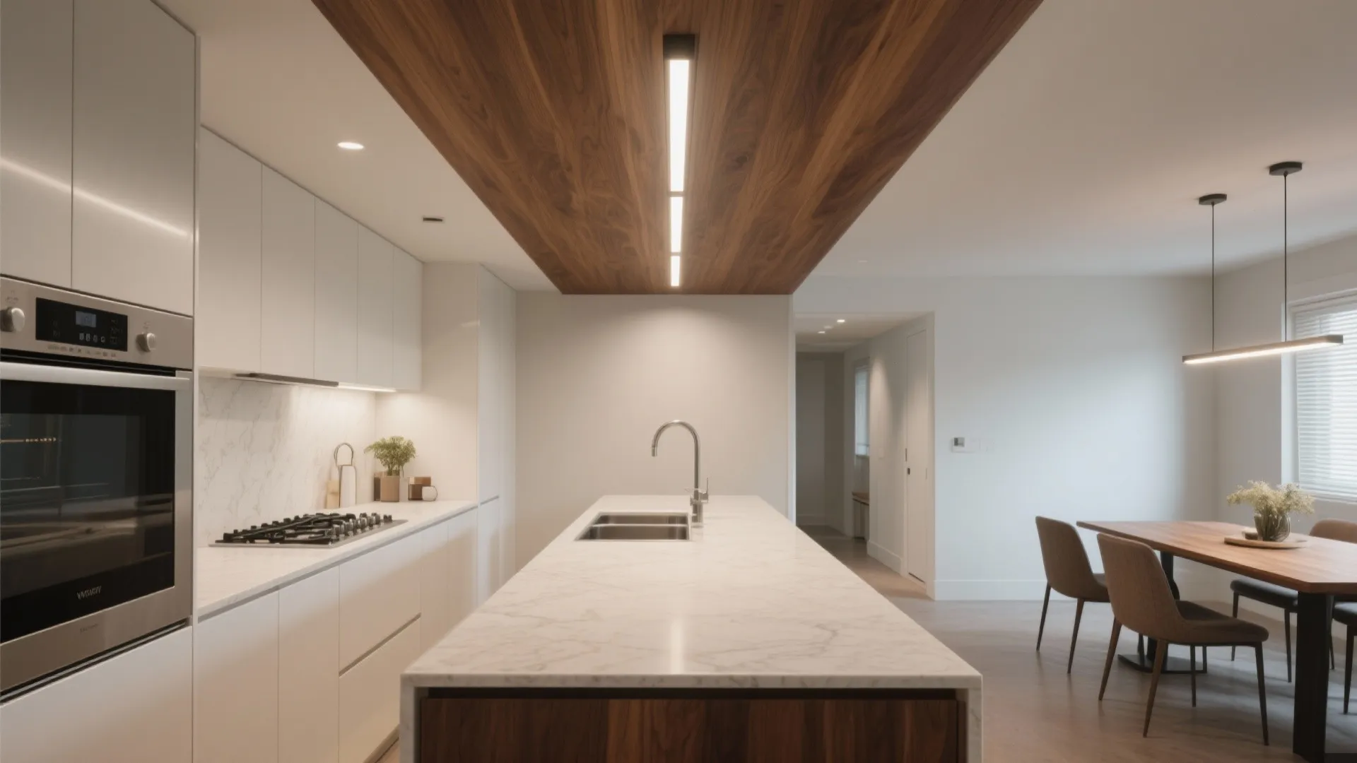 Slim walnut LED beam elongates a galley kitchen with balanced task and ambient light.