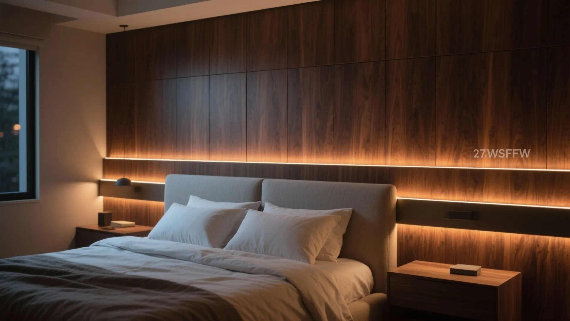 Textured Walnut Paneling With Integrated Lighting