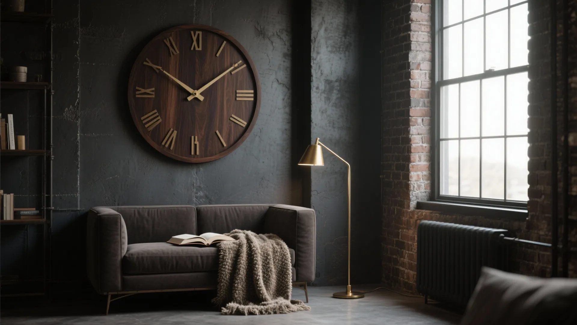 5) Industrial Edge: Dark Walnut on a Textured Wall