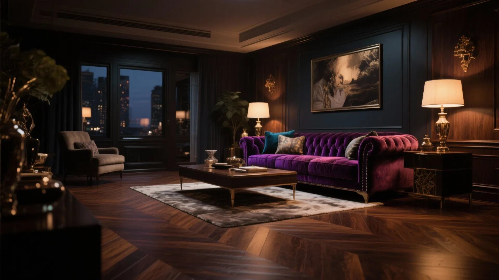 Luxurious living room with dark walnut hardwood floors