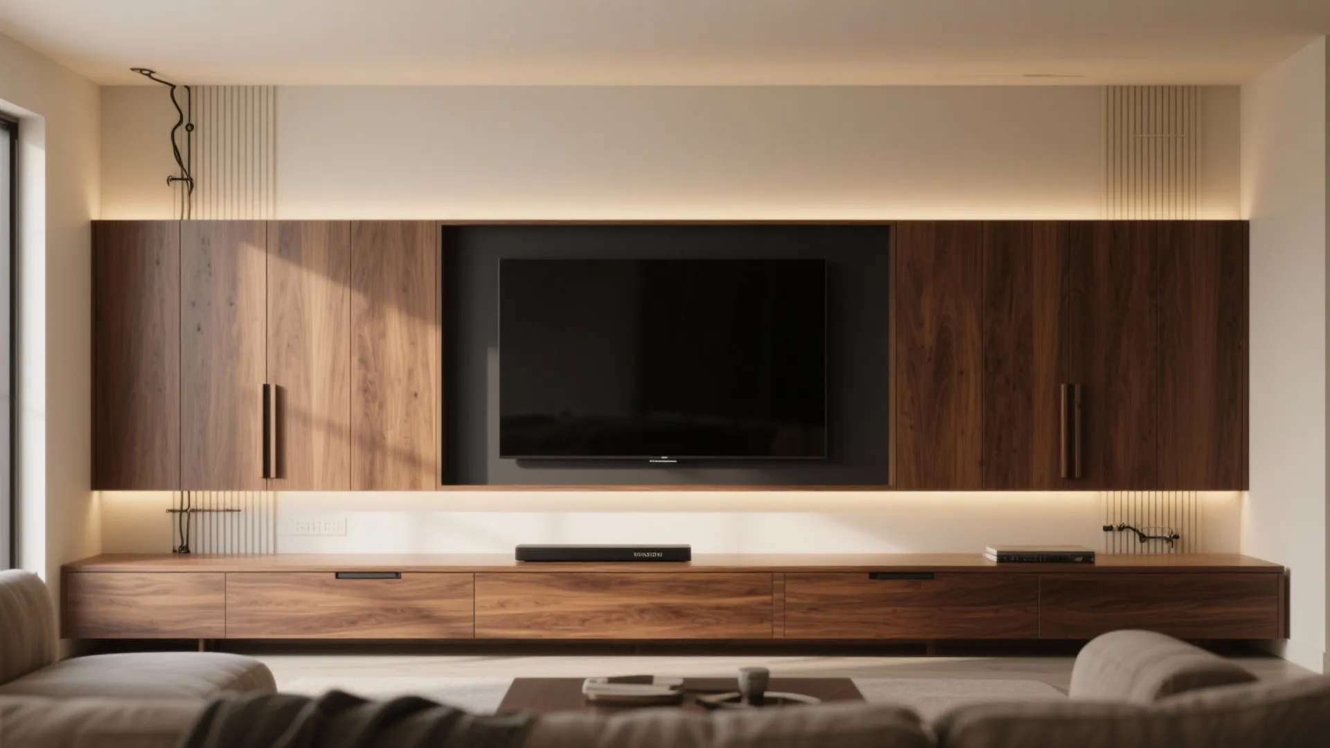 Walnut Media Wall With Concealed Storage