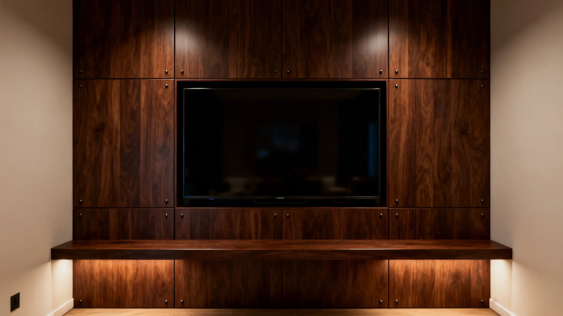 Dark walnut tiled TV niche with subtle LED backlighting and a floating console.