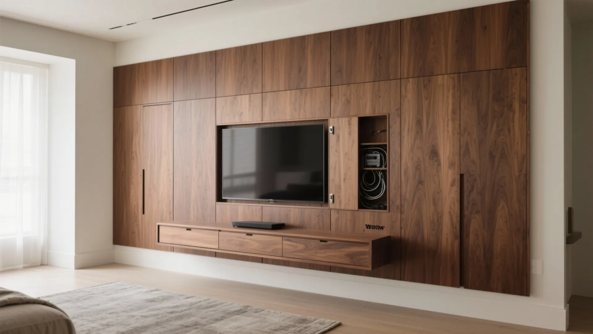 Dark wood wall cabinet with built-in television, hidden storage, grey rug, and a large window