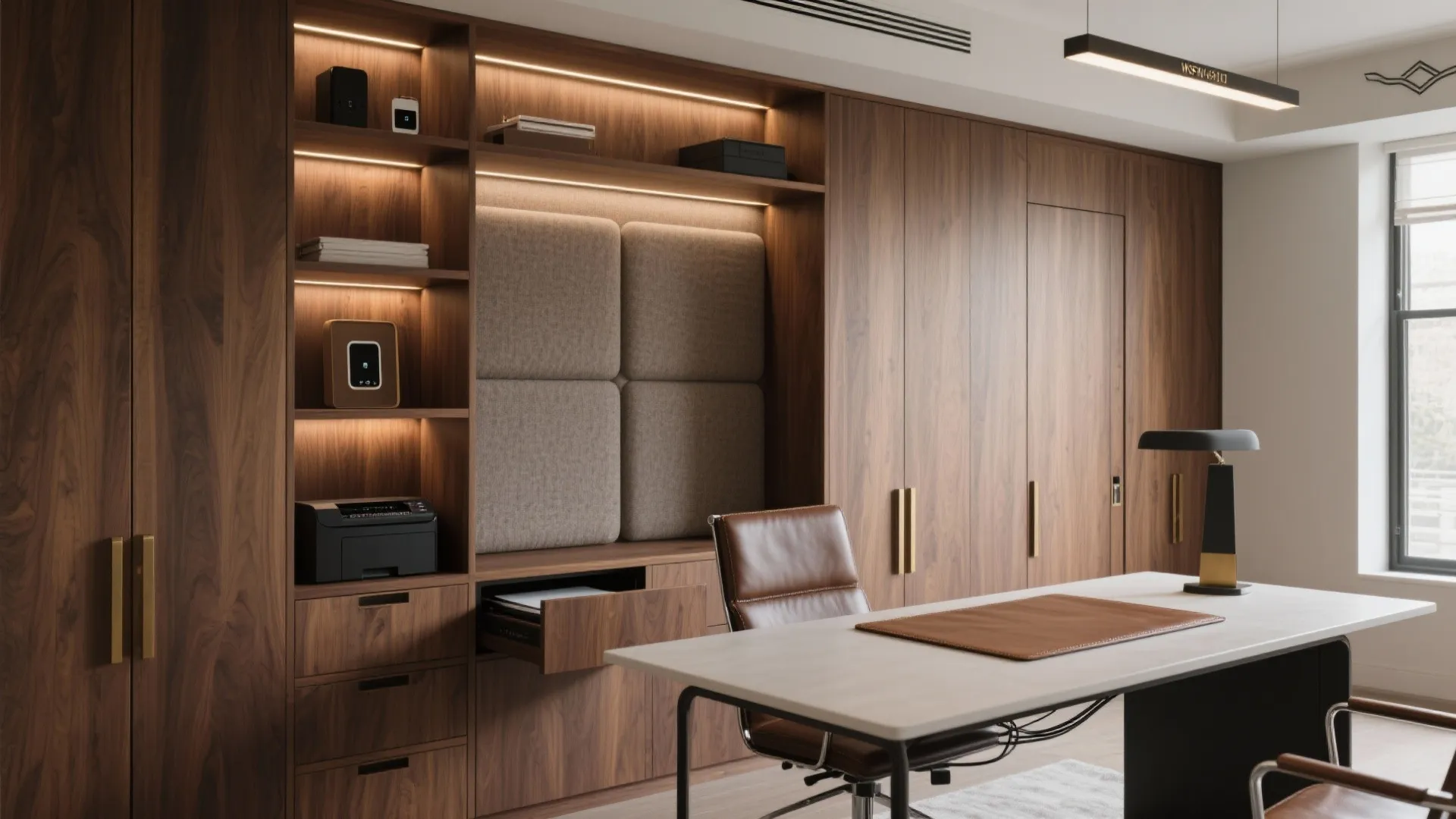 Modern home office with dark wood wall cabinet white desk brown leather chair and lamp