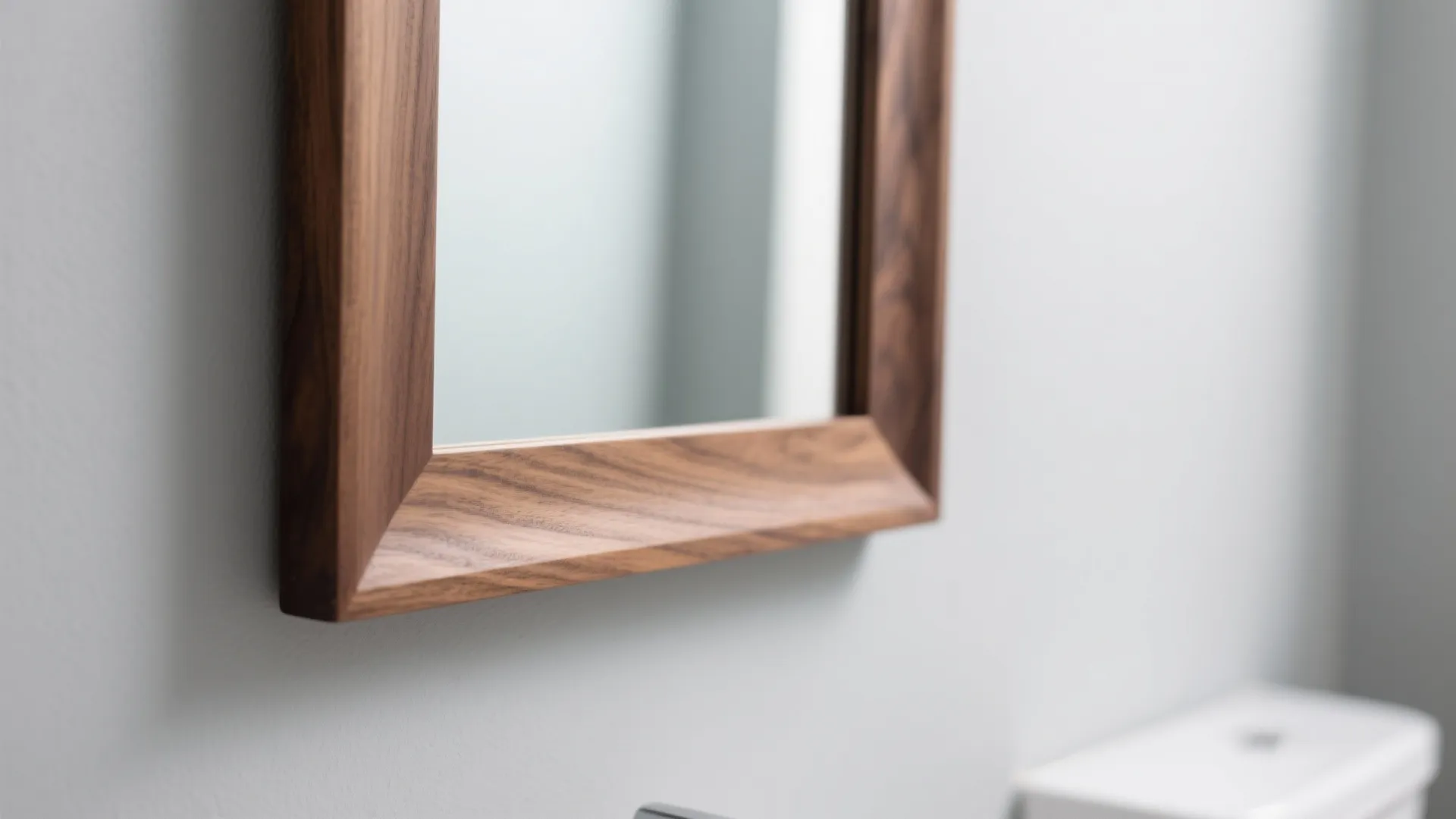 Close up of wooden wall mirror with dark frame on a light grey bathroom wall
