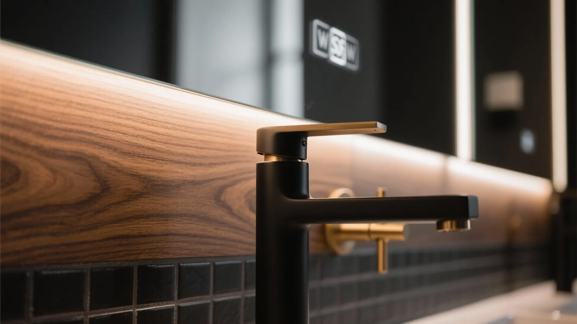 Macro of walnut grain beside black faucet and brushed brass pull with backlit mirror glow.