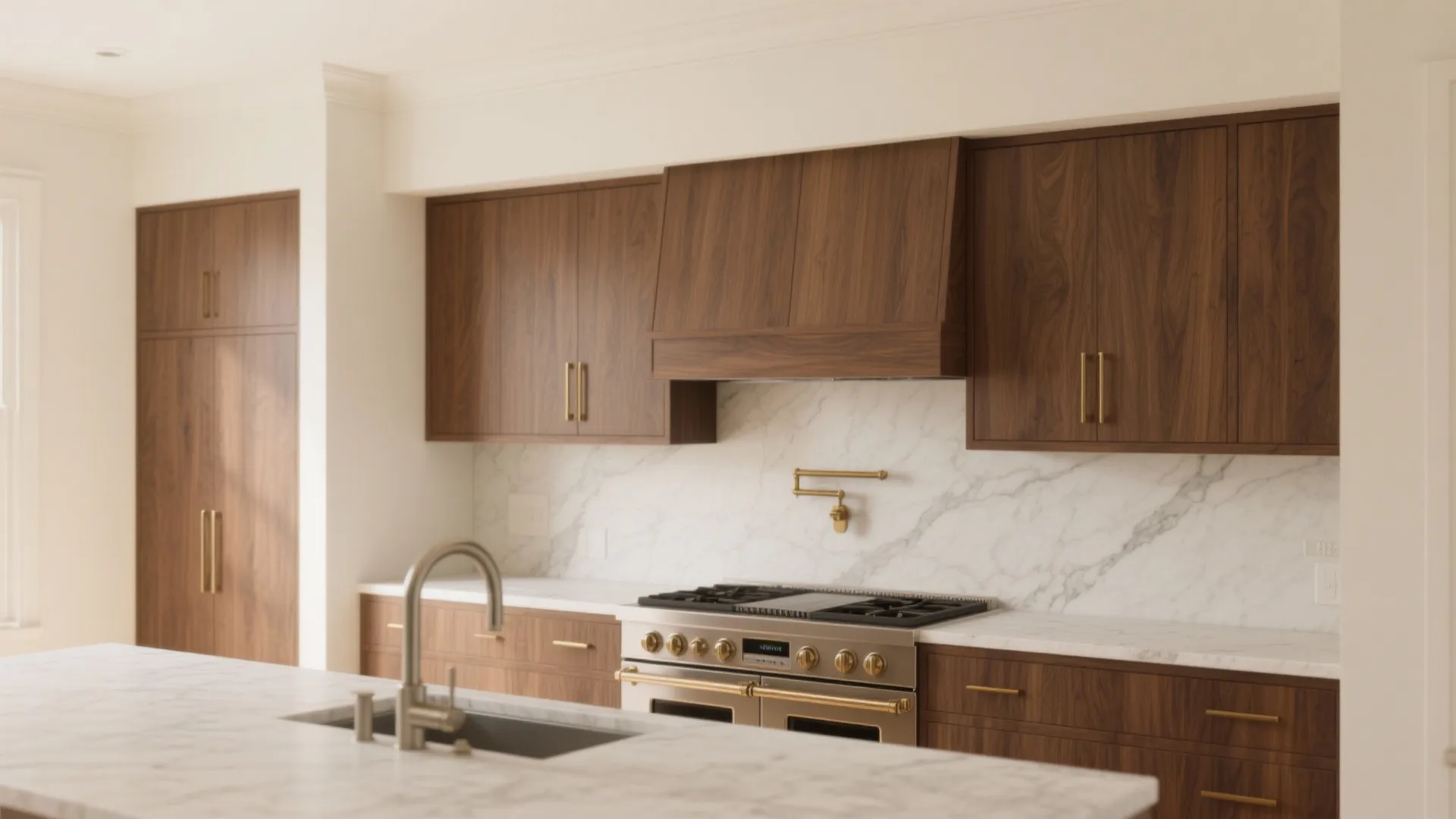Walnut slab cabinets with warm white walls and mixed brass and nickel hardware.