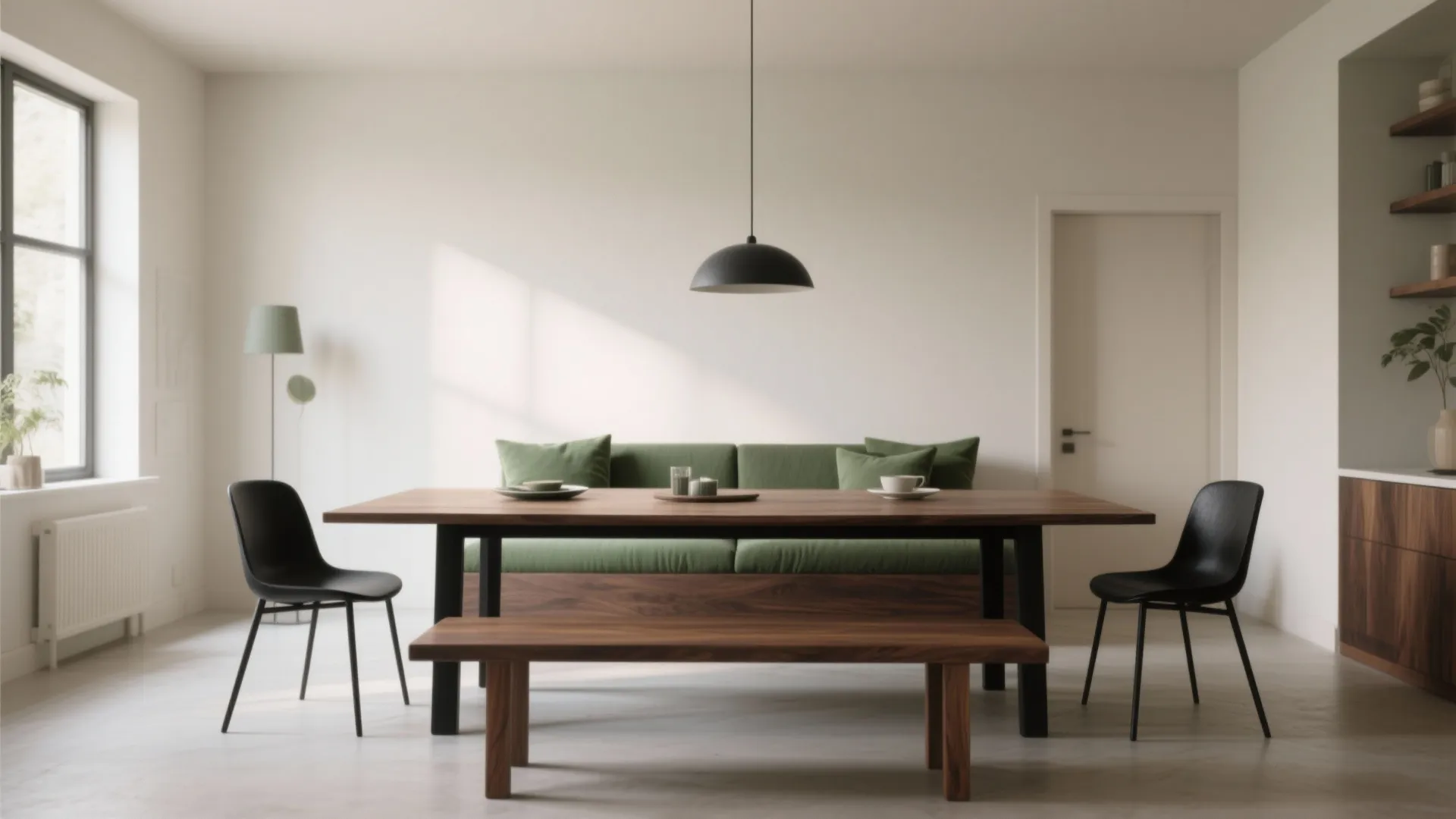Minimalist dining room with wood table green sofa black chairs and a black ceiling light