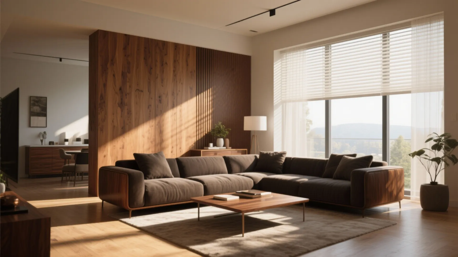 Modern living room featuring brown sofa wooden wall panel coffee table and sunlight from windows