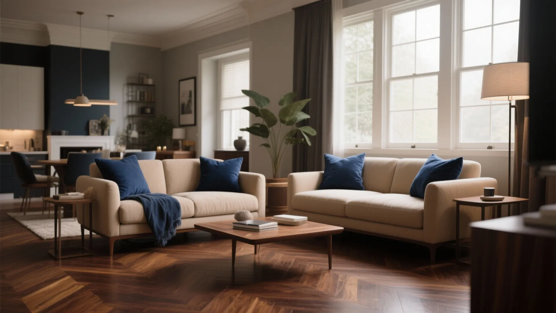 Modern living room with beige sofas navy blue cushions wood coffee table and dark wood floor