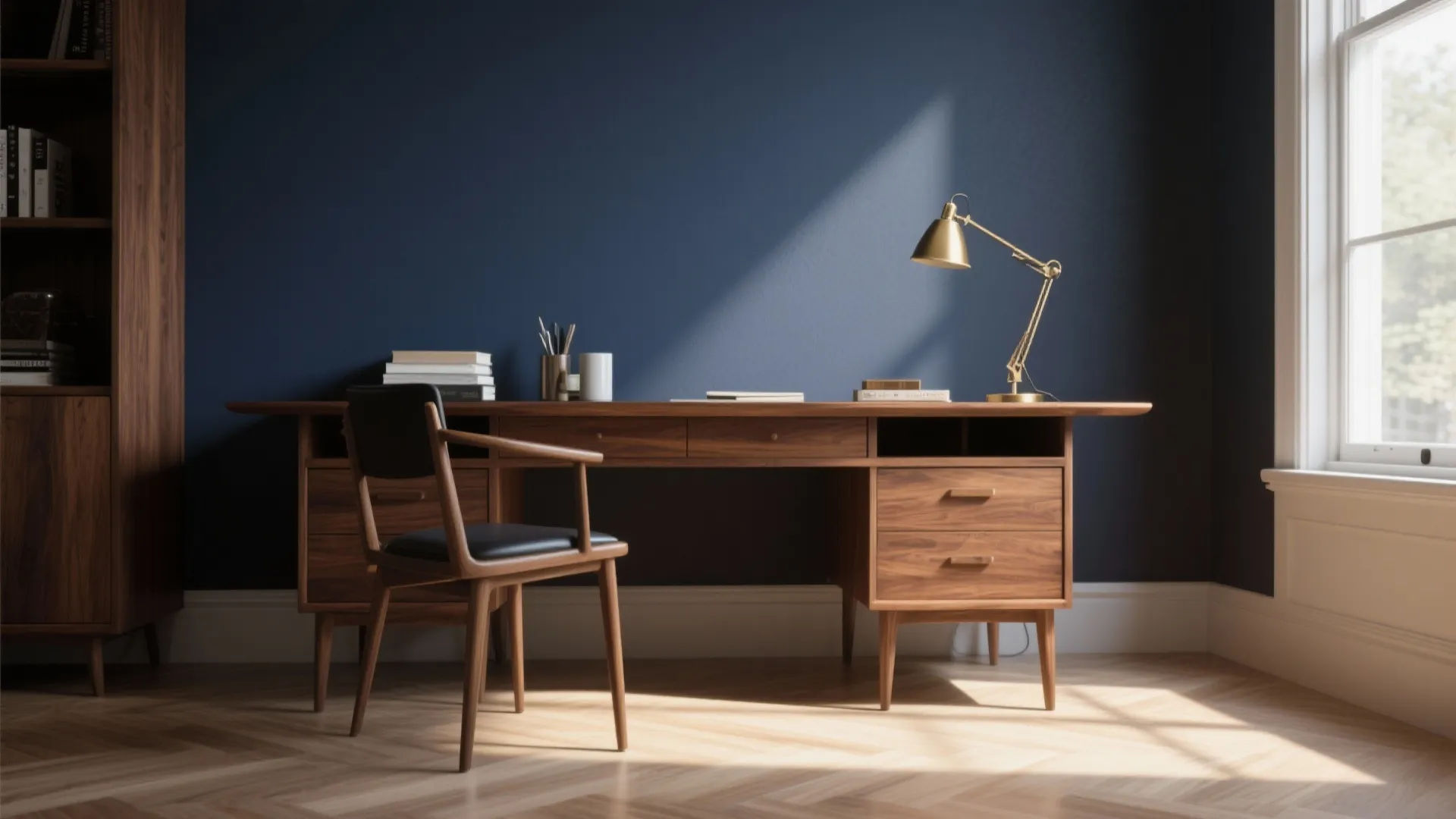 Dark wood desk and matching chair against blue wall with gold lamp and natural light