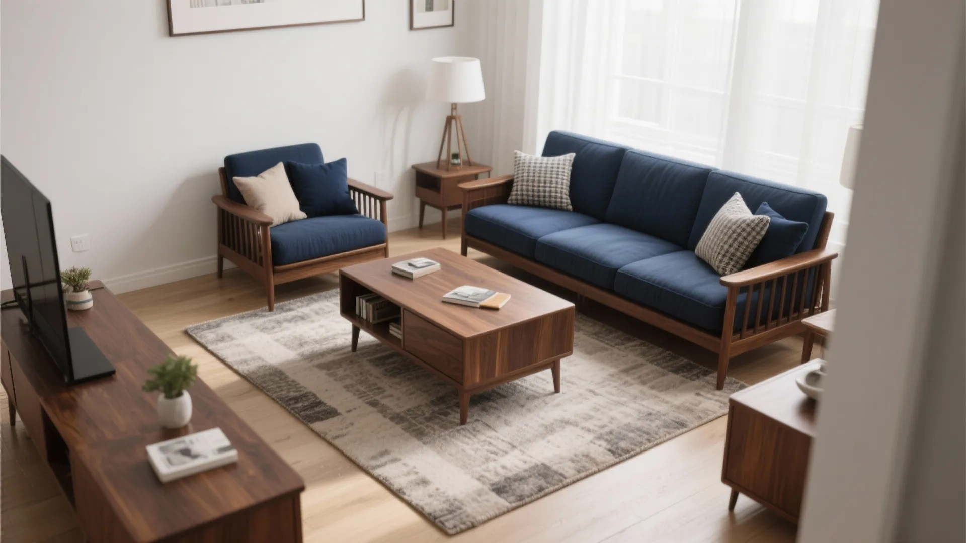 Modern living room layout with navy blue sofa set walnut furniture and grey patterned floor rug
