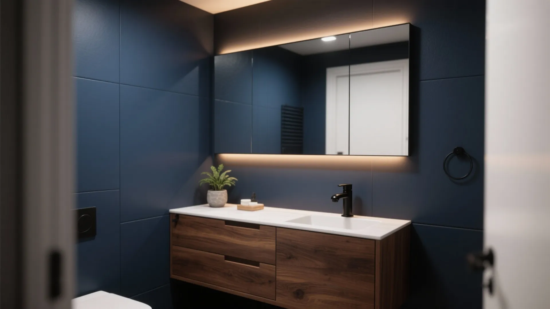 1. Warm wood vanities + deep navy walls