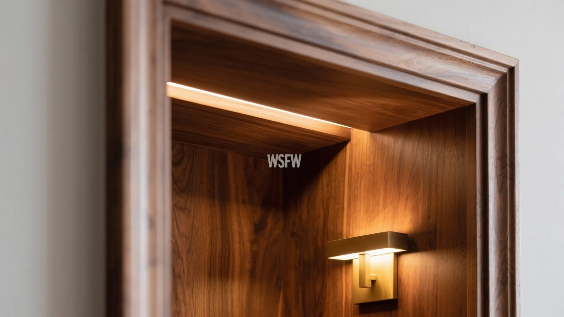 Macro of mitered walnut niche frame with warm light revealing rich grain.