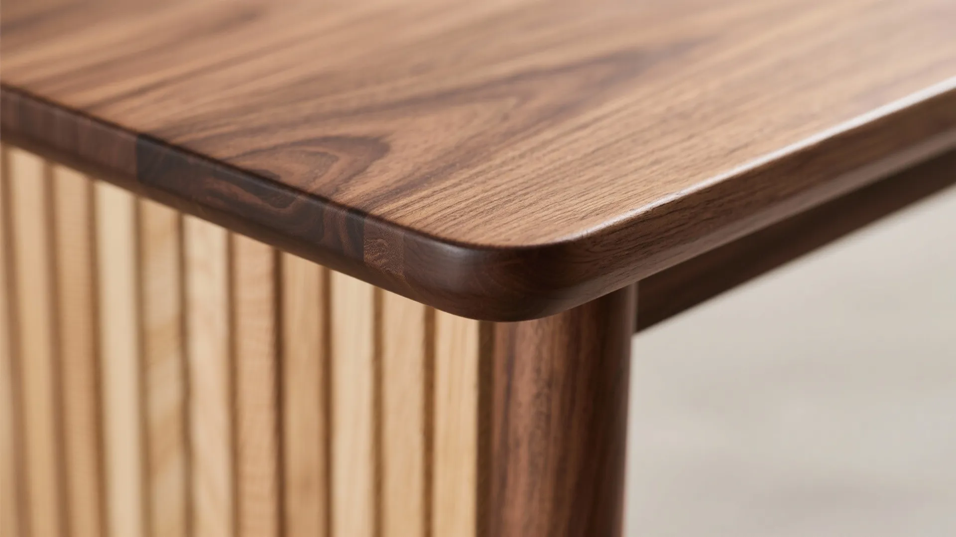 Close up of dark walnut wood table corner with rounded edges and light oak wood slats