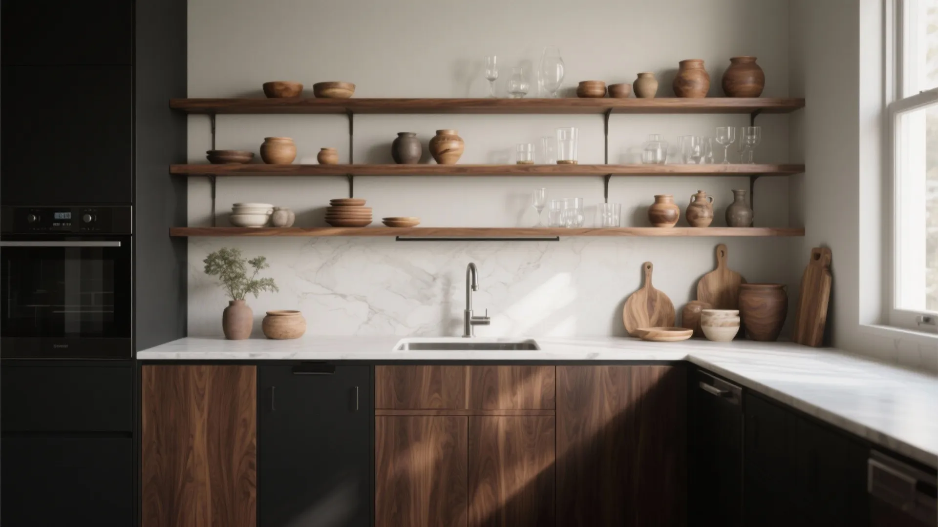 2. Mixed Materials: Walnut with Open Shelving