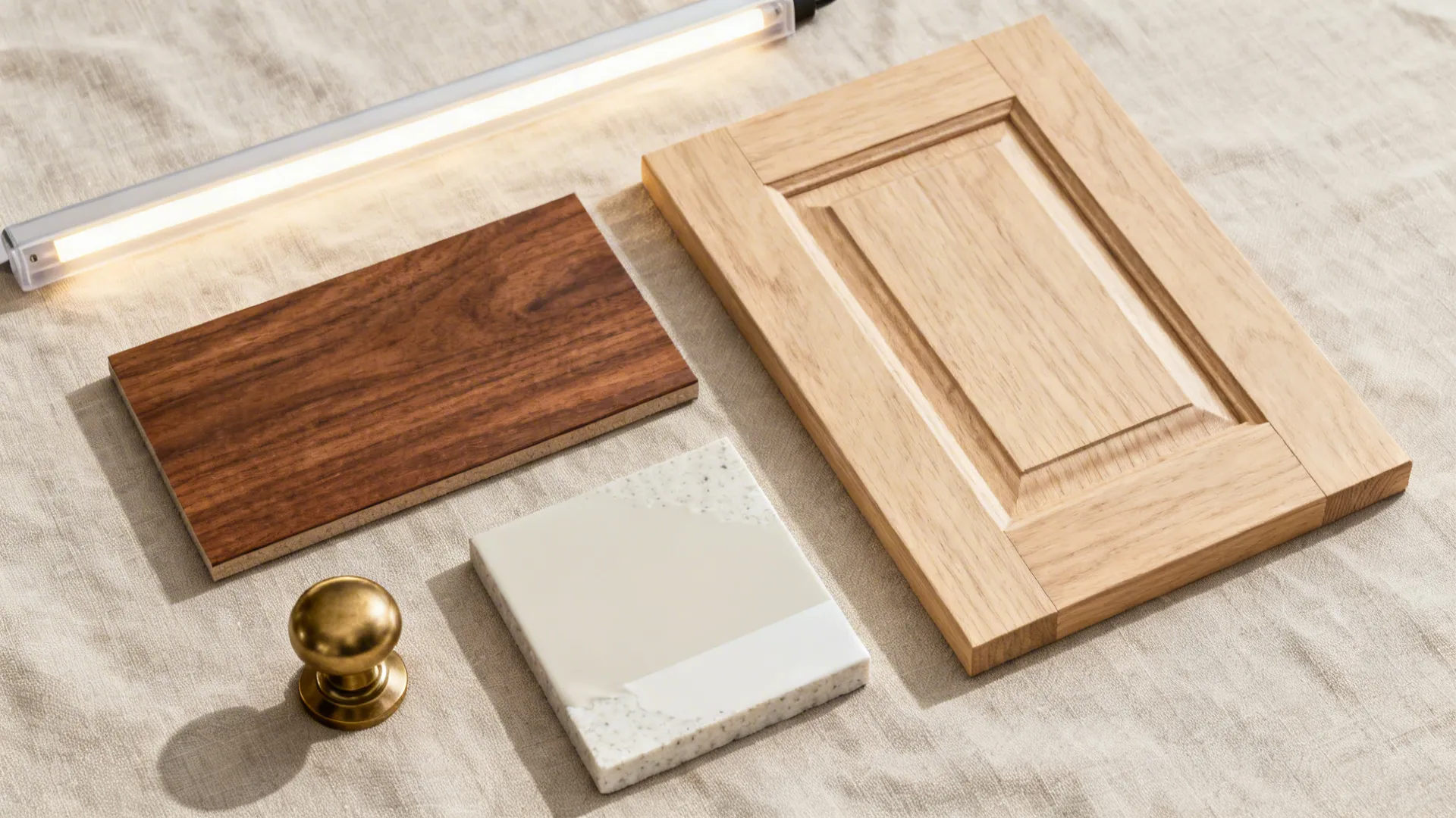 Flatlay with walnut, oak, pale quartz, satin paint, brass hardware, and LED diffuser.