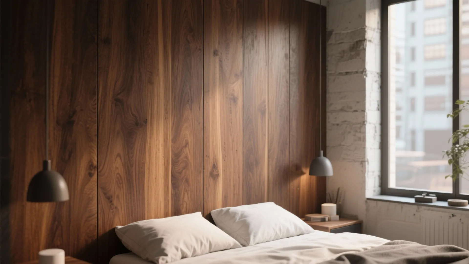 Bedroom interior design with dark wood wall panel grey hanging lights and a white bed