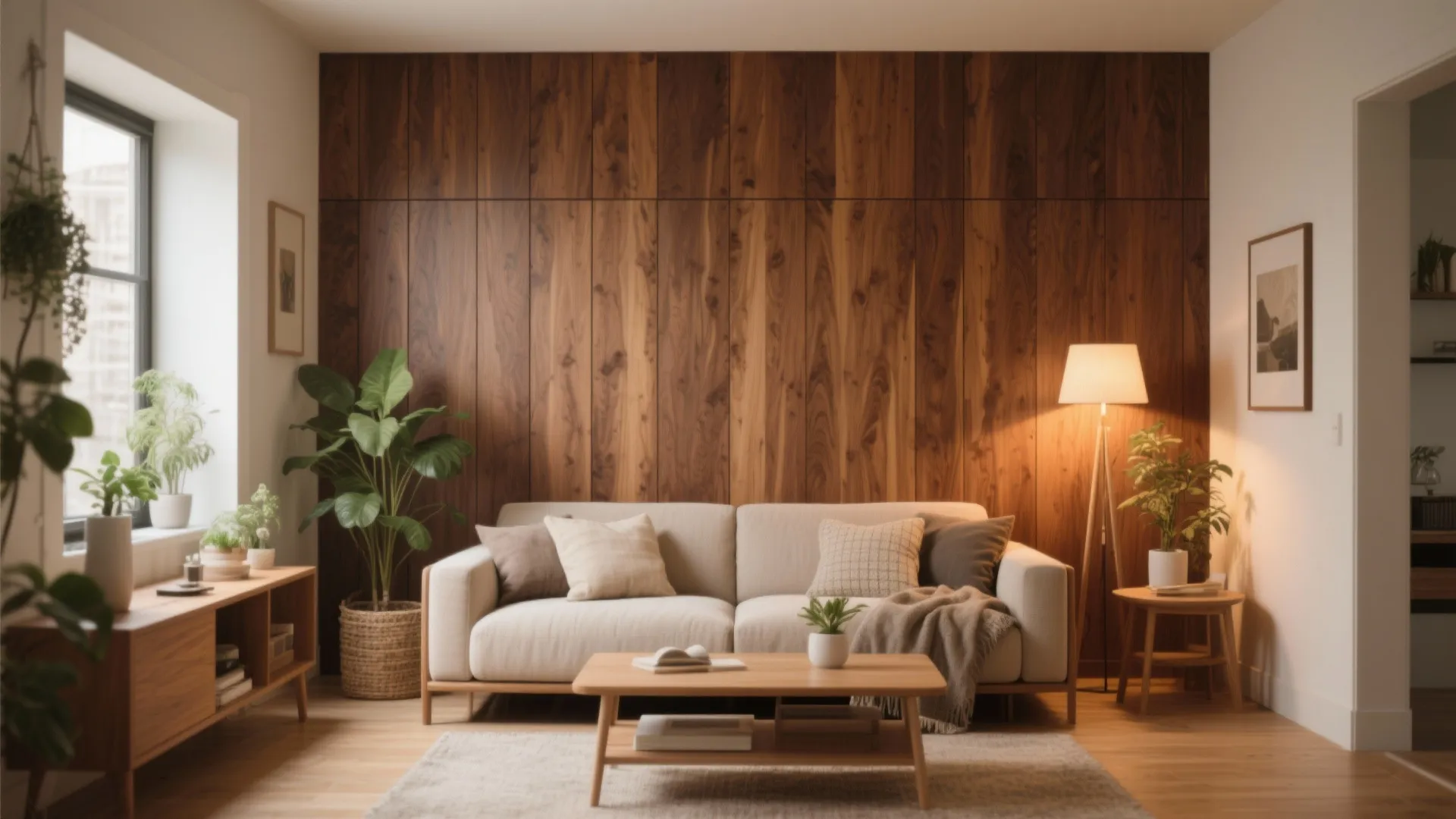Cozy living room featuring dark walnut wall panel with warm light and white sofa furniture