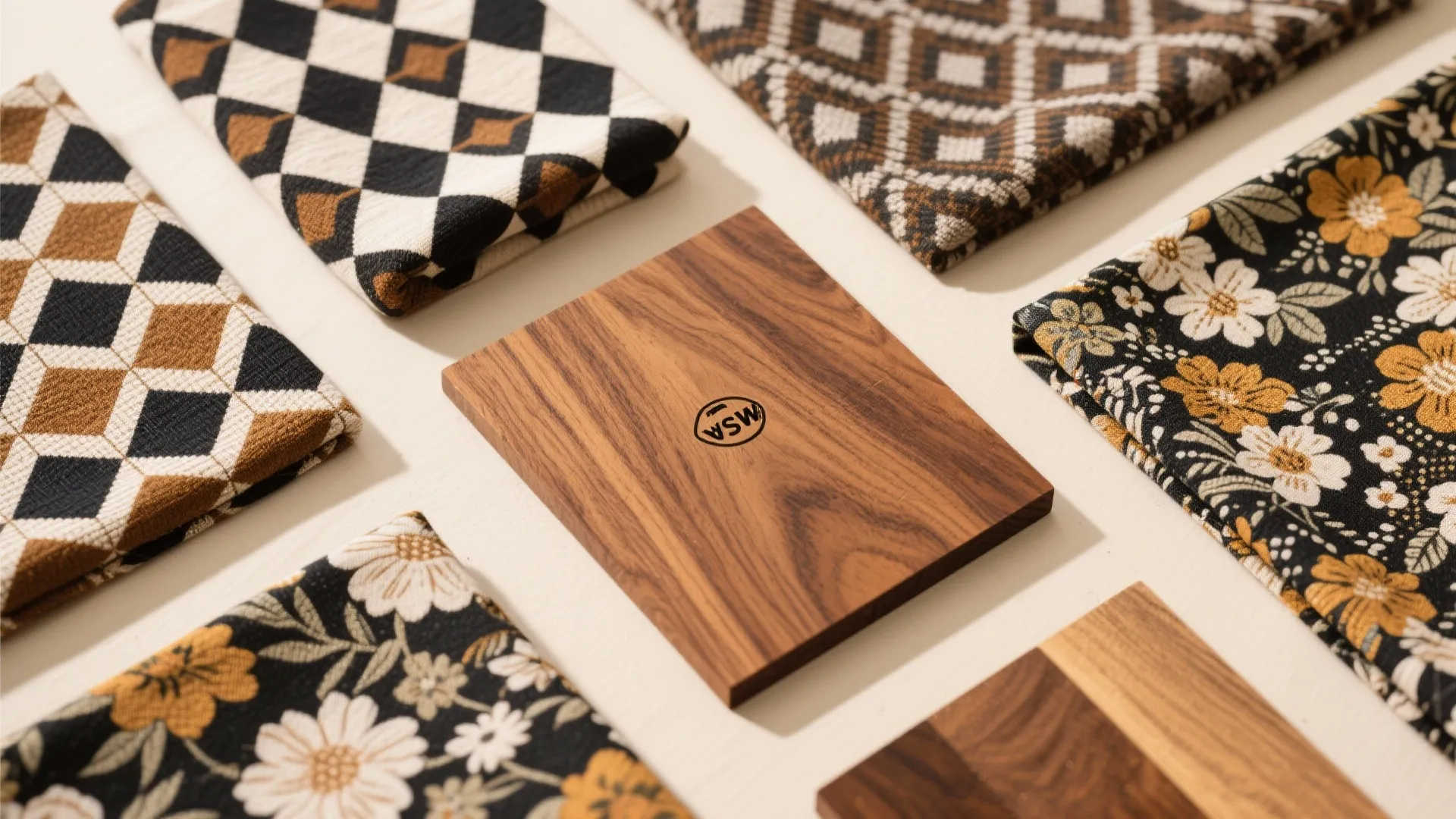 Textile patterns and walnut wood samples arranged together