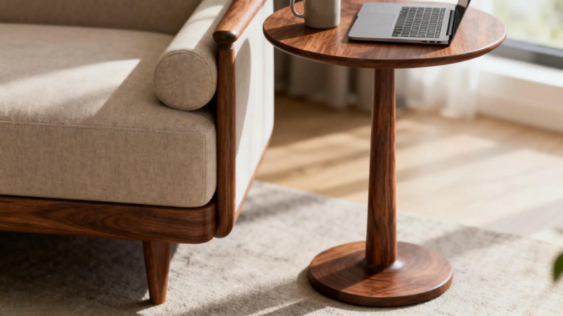 Slim pedestal round end table with walnut top next to a compact loveseat, showing weighted base detail.