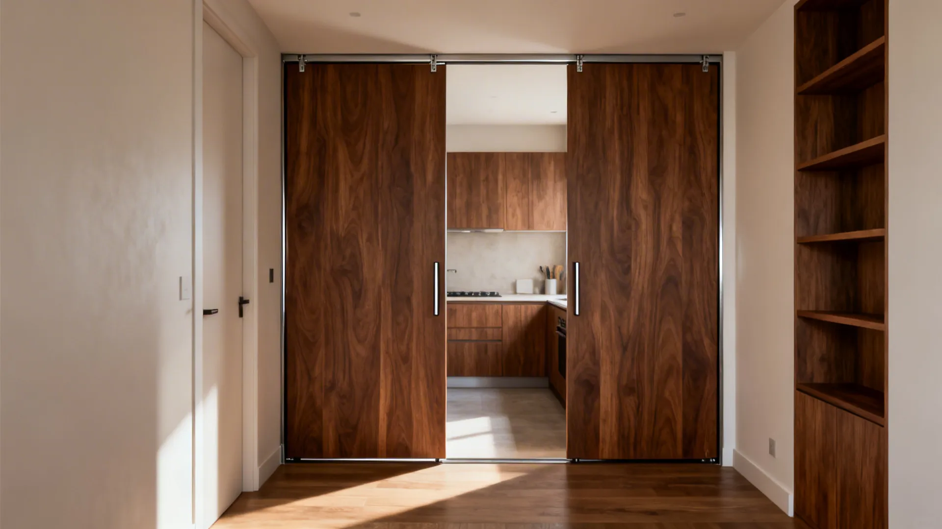 Dark wood sliding doors opening to a kitchen with matching cabinets wooden floor and shelves