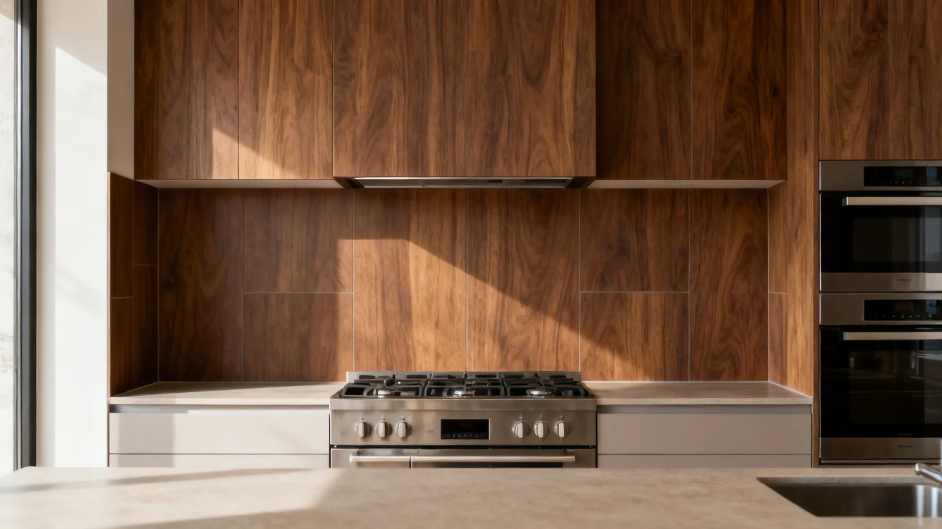 Large-format walnut-tone porcelain slab backsplash with minimal seams behind a range.