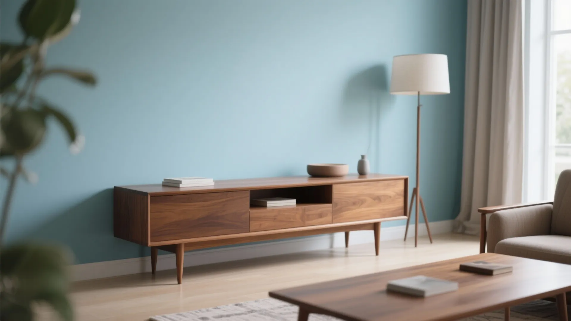 5. Mid-Century Walnut Meets Powder Blue