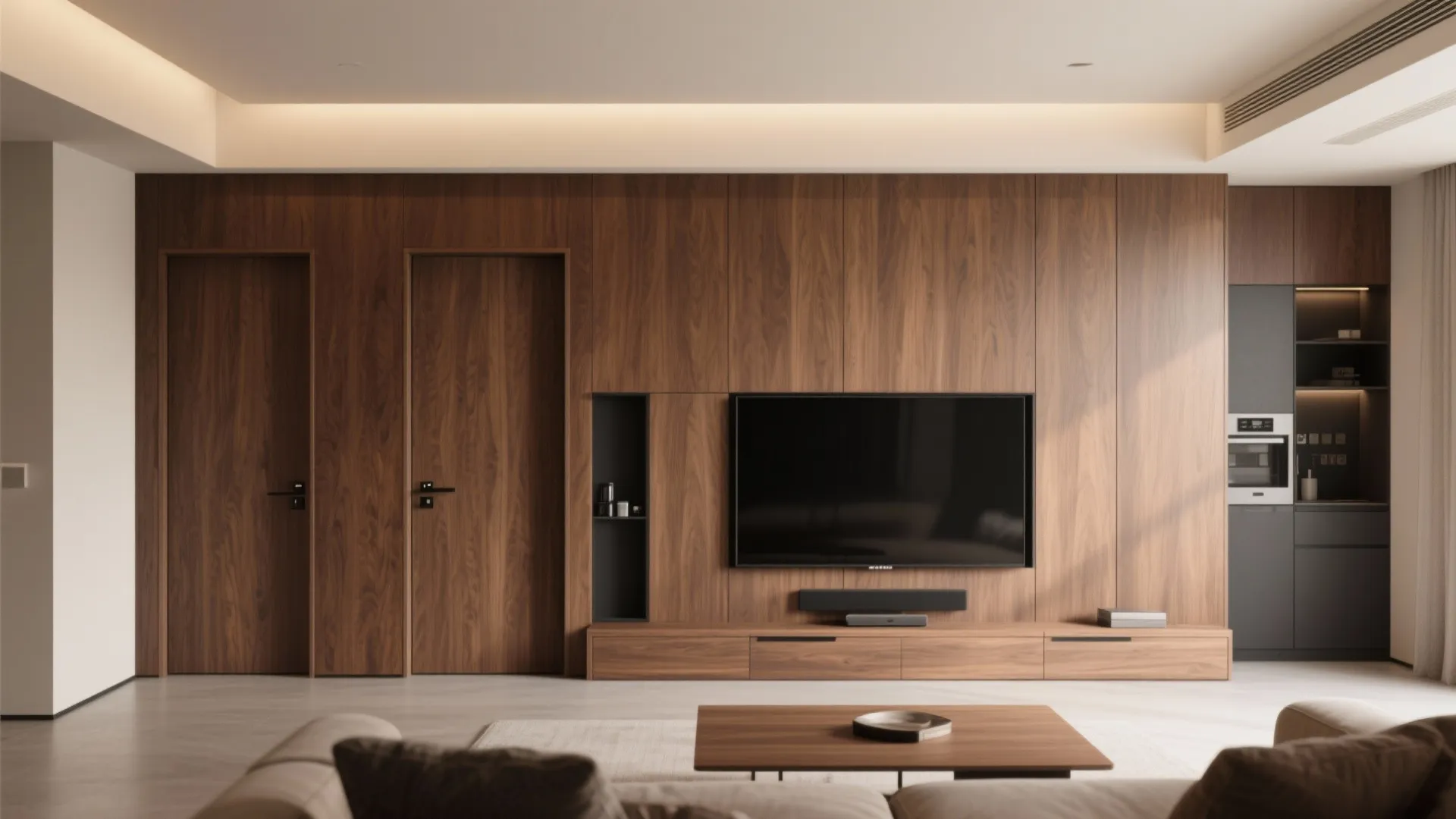 Wood-look PVC cladding with hidden storage and flush doors