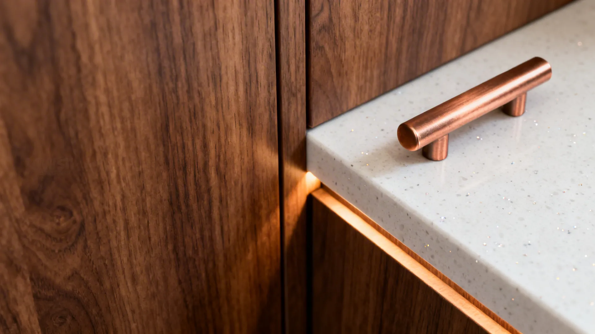 Macro of walnut door, white quartz edge, and brushed copper pull under warm light.