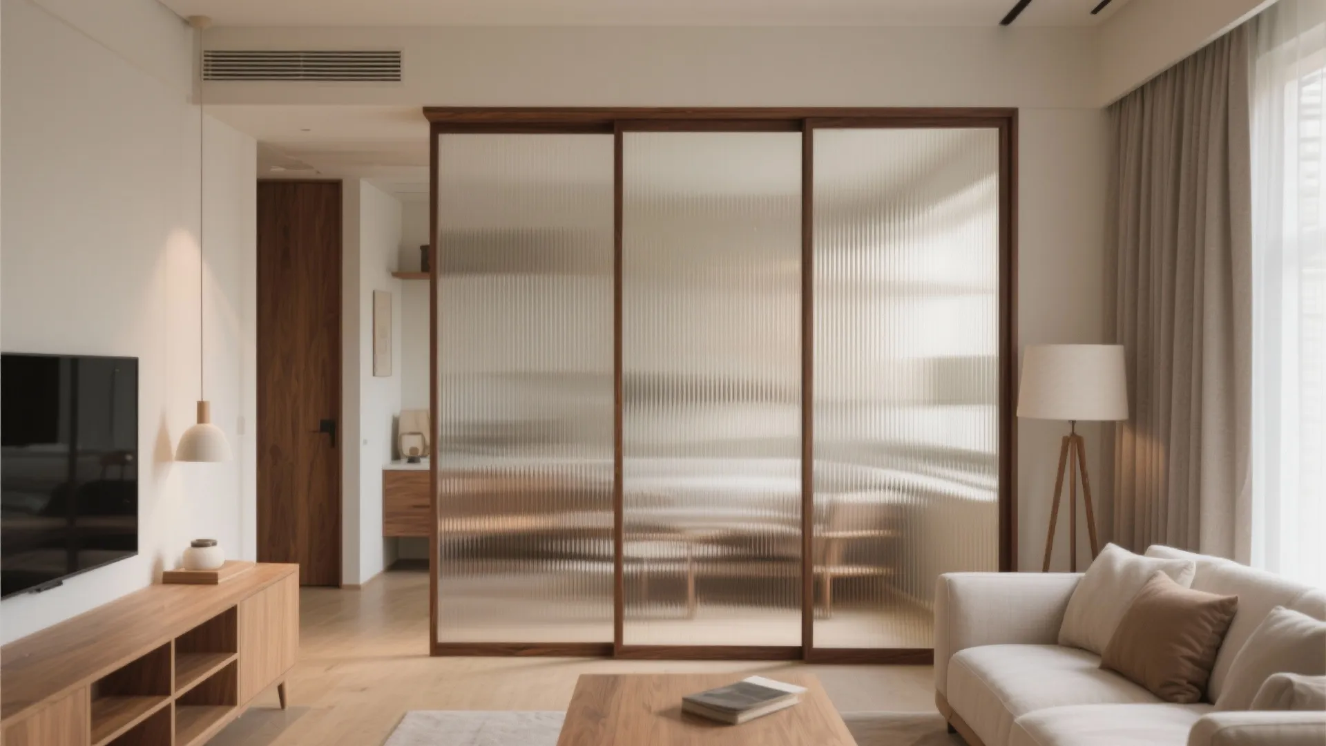 Hybrid Partition: Wood Frame + Ribbed Glass