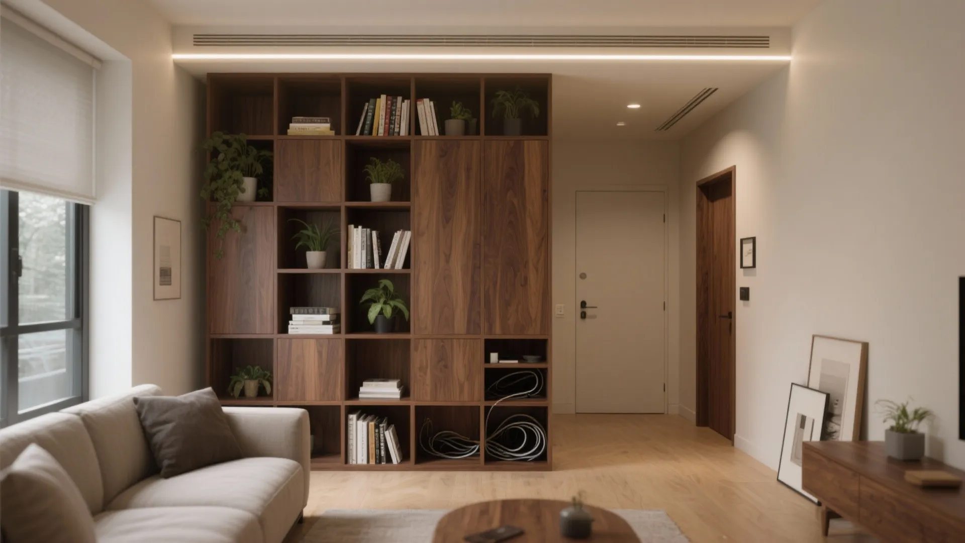 Open Shelving Divider: Walnut + Hidden Storage