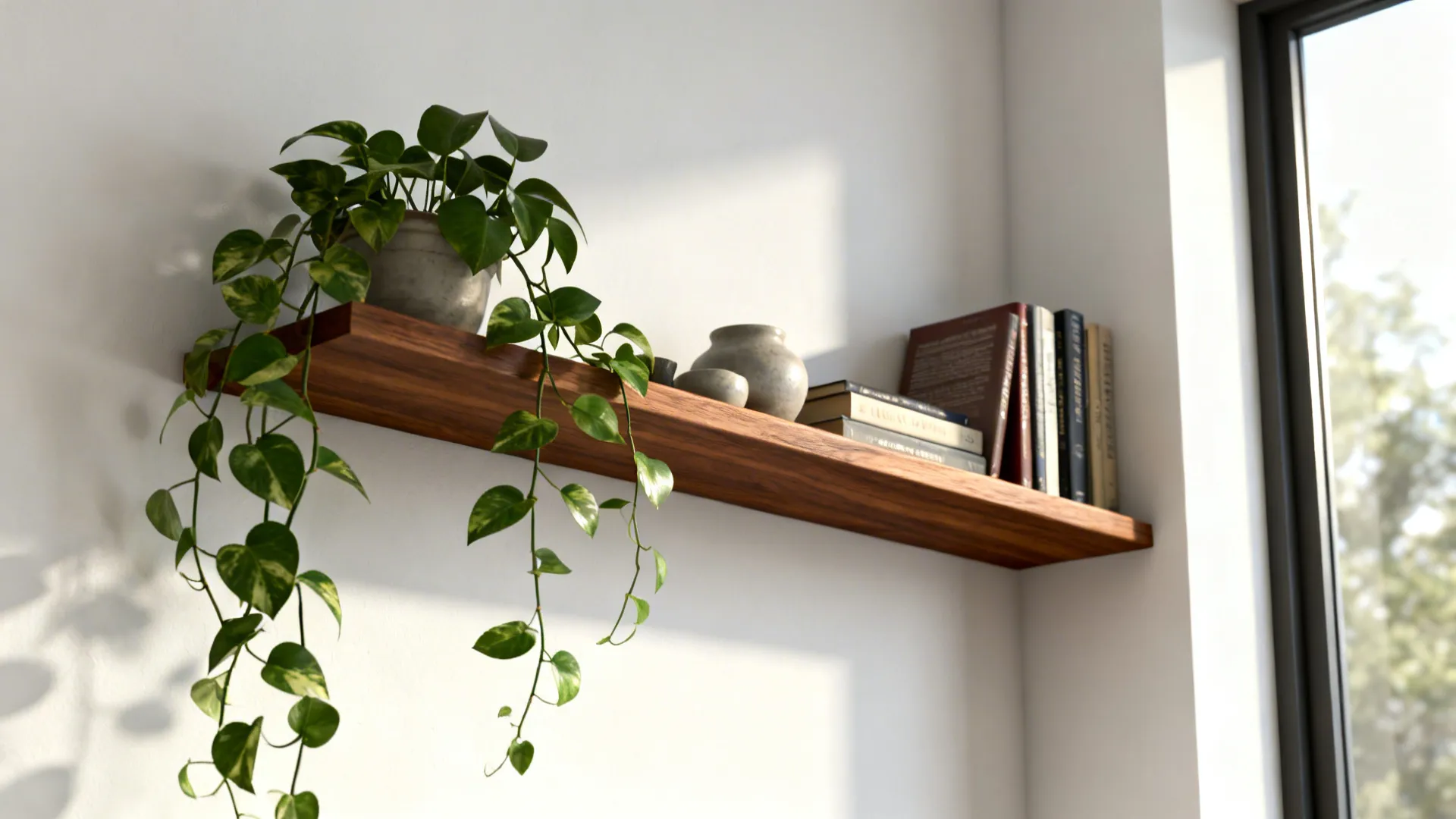 Slim walnut floating shelf on a white wall with trailing plants and ceramics.